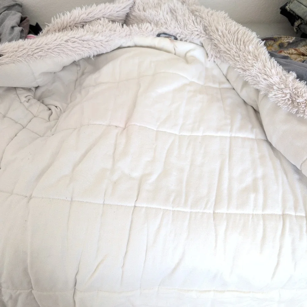 Free People Grey Faux Fur Trim Hooded‎ Parka Jacket Small Oversized Boho Utility